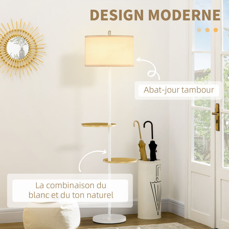 Lampadaire étagères design scandinave dim. Ø 40 x 163H cm 40 W max. bois  bambou verni métal abat-jour tissu blanc