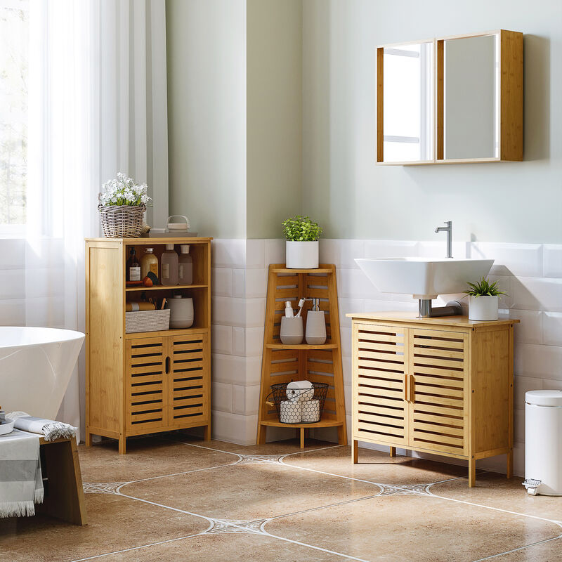 KLEANKIN Meuble bas salle de bain rangement salle de bain 1 porte 2  étagères bois bambou verni pas cher 