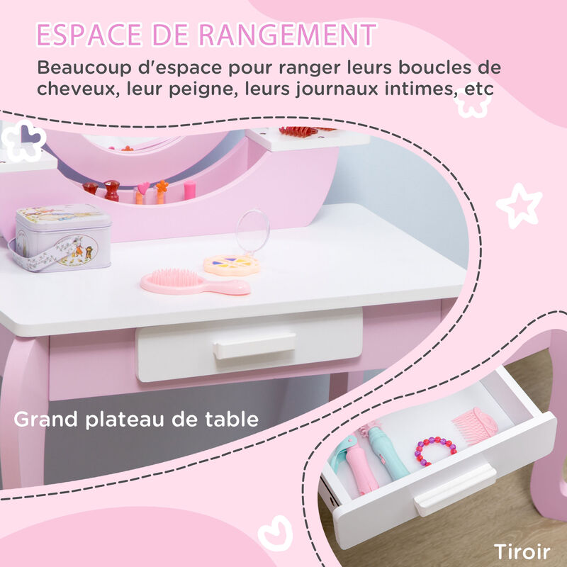 Coiffeuse enfant design girly - tabouret inclus - tiroir, 2