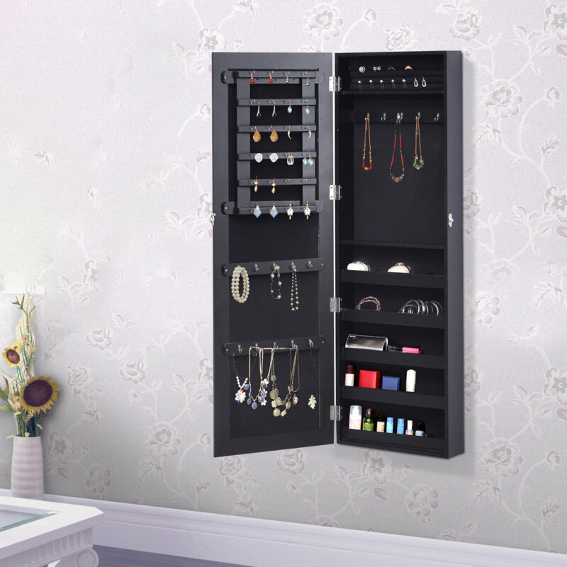 Armoire à bijoux multi-rangements design contemporain mural avec miroir 37L x 10l x 112H cm noire 2