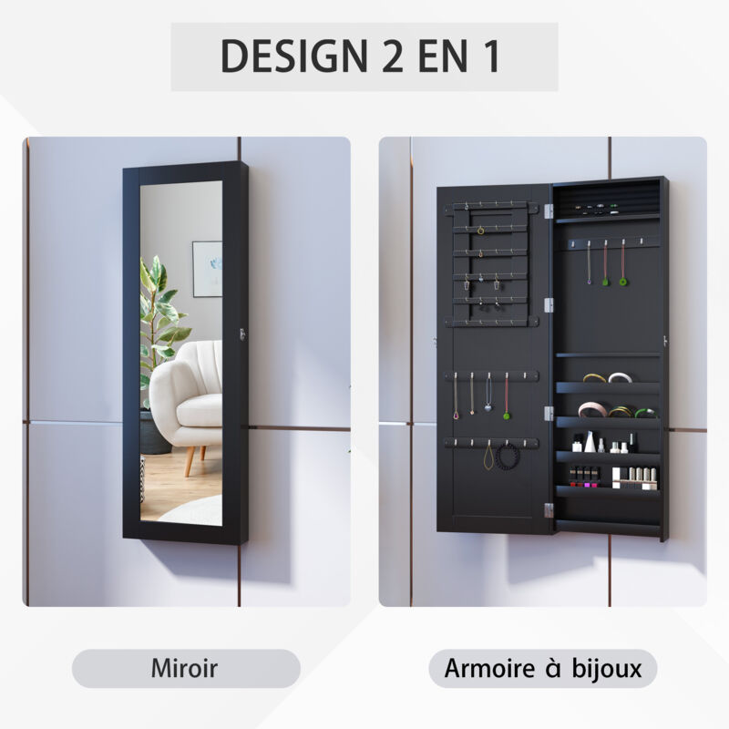 Armoire à bijoux multi-rangements design contemporain mural avec miroir 37L x 10l x 112H cm noire 3