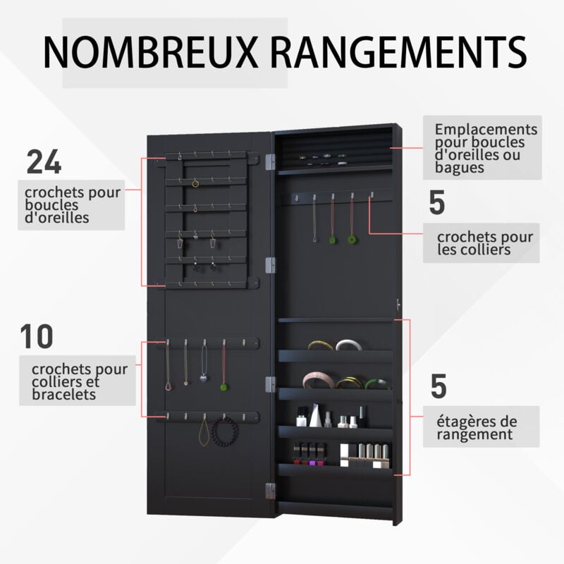 Armoire à bijoux multi-rangements design contemporain mural avec miroir 37L x 10l x 112H cm noire 4