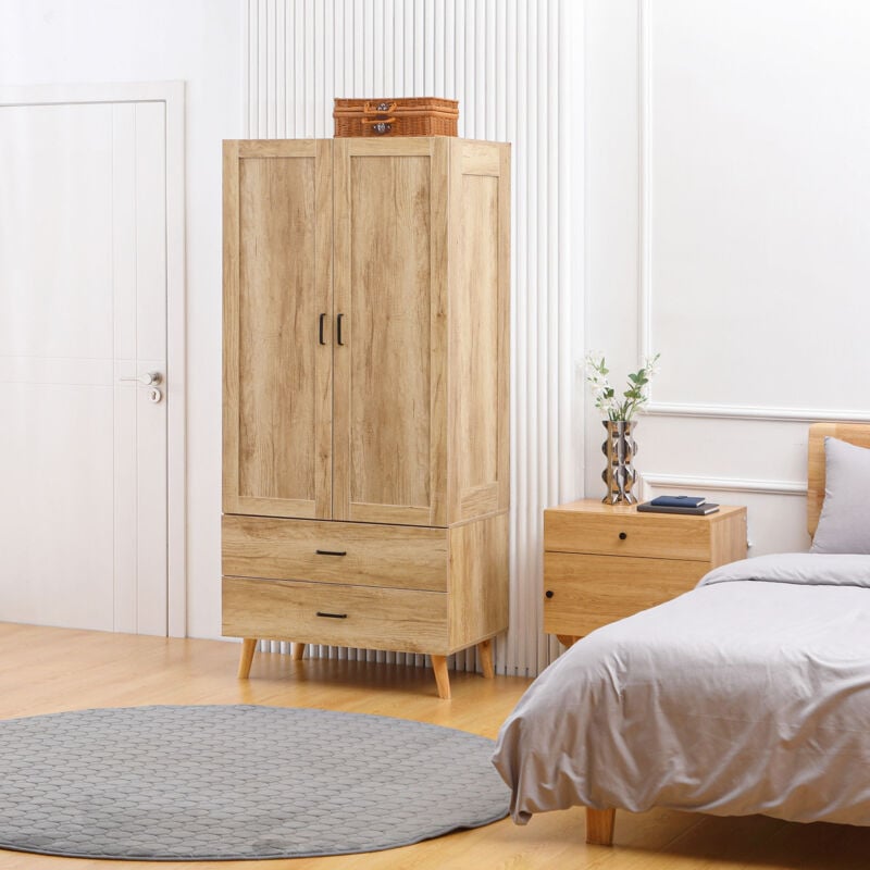 Dressings et armoires, meubles et rangements, Armoire penderie décor chêne  ARRON 4 portes battantes 4 tiroirs