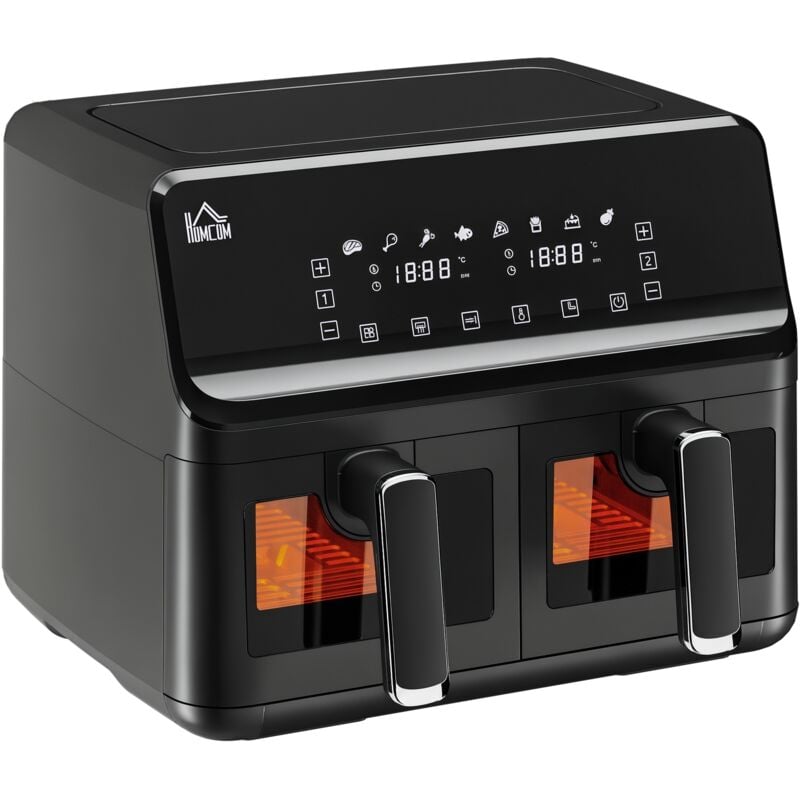 Friteuse à air 2 paniers 2500W 8L - air fryer multifonction 8 programmes - température réglable - timer 60 min. - noir