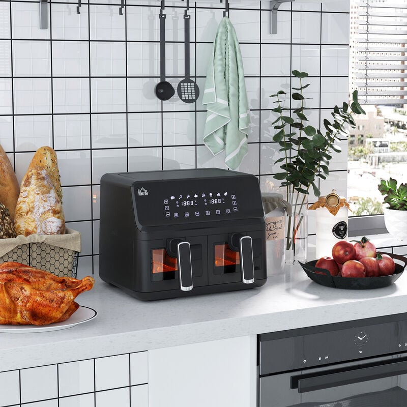 Friteuse à air 2 paniers 2500W 8L - air fryer multifonction 8 programmes - température réglable - timer 60 min. - noir 2