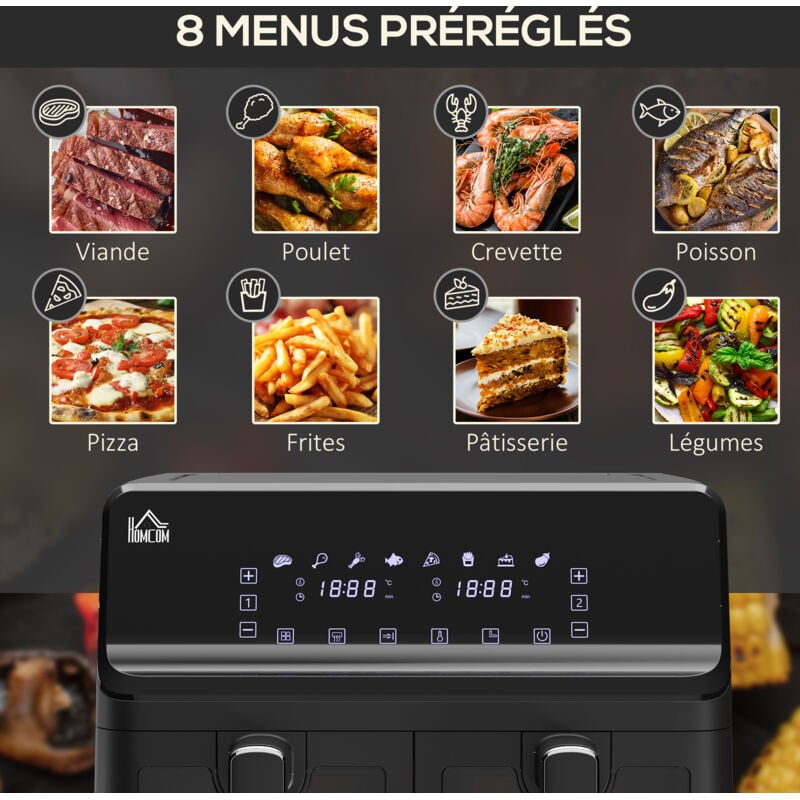 Friteuse à air 2 paniers 2500W 8L - air fryer multifonction 8 programmes - température réglable - timer 60 min. - noir 4