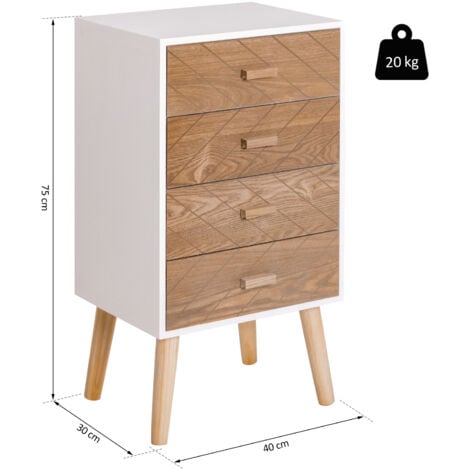 Meuble de rangement chiffonnier design scandinave 40L x 30l x 75H cm 4 tiroirs bois massif pin MDF blanc et hêtre motif graphique