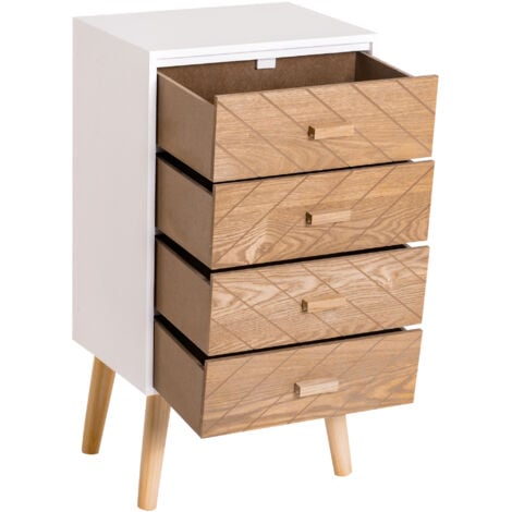 Meuble de rangement chiffonnier design scandinave 40L x 30l x 75H cm 4 tiroirs bois massif pin MDF blanc et hêtre motif graphique