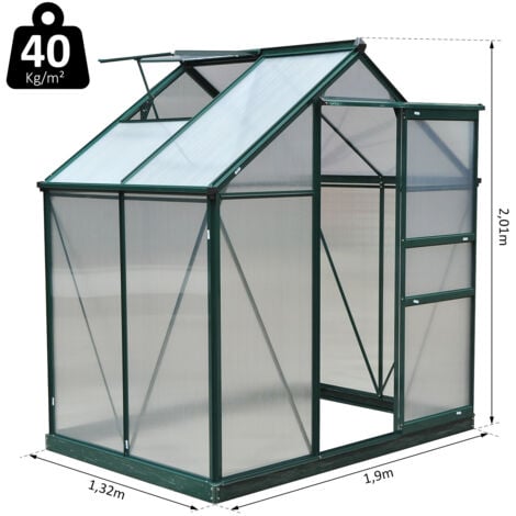 Serre de jardin aluminium polycarbonate 2,51 m² dim. 1,9L x 1,32l x 2,01H m lucarne, porte coulissante + fondation incluse alu. vert polycarbonate transparent