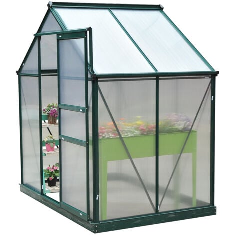 Serre de jardin aluminium polycarbonate 2,51 m² dim. 1,9L x 1,32l x 2,01H m lucarne, porte coulissante + fondation incluse alu. vert polycarbonate transparent