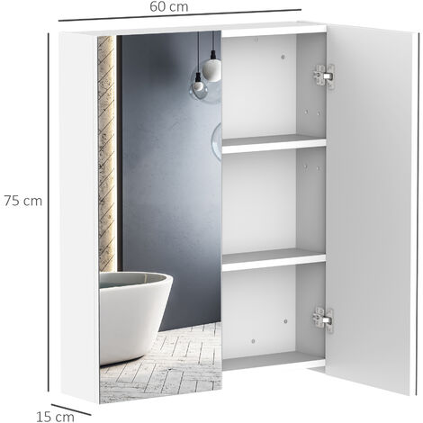 Armoire avec miroir en bois rangement salle de bain fermeture porte tampon MDF blanc