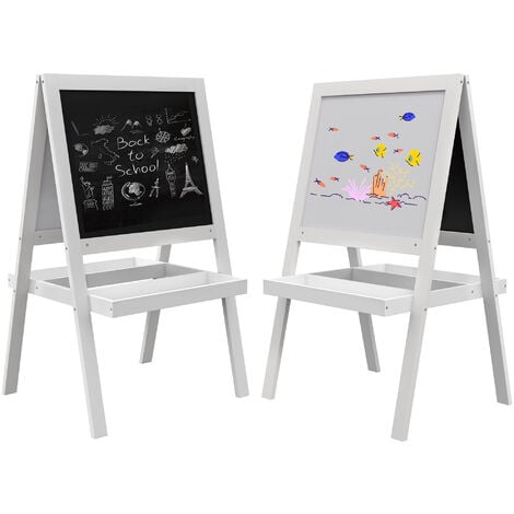 Tableau enfant double face - chevalet enfant - tableau blanc magnétique,  tableau noir à craie - 2 paniers rangements - MDF blanc