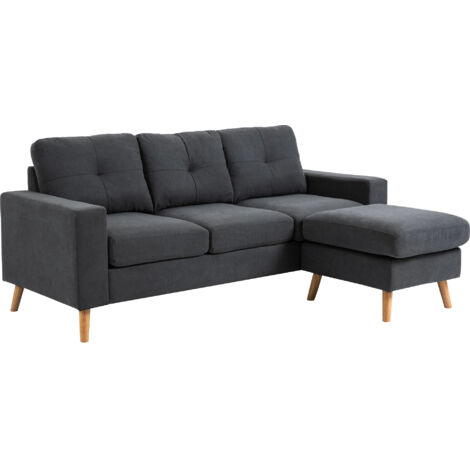 Homcom – Canapé d'angle 3 places réversible scandinave – Repose-pied amovible – Tissu aspect lin 100% polyester – Piètement bois d'hévéa