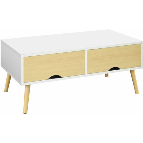 Homcom – Table basse scandinave 90x48x39,4 cm – Panneaux de particules et bois de pin – 2 tiroirs et compartiment ouvert – Style moderne et élégant (1/5)