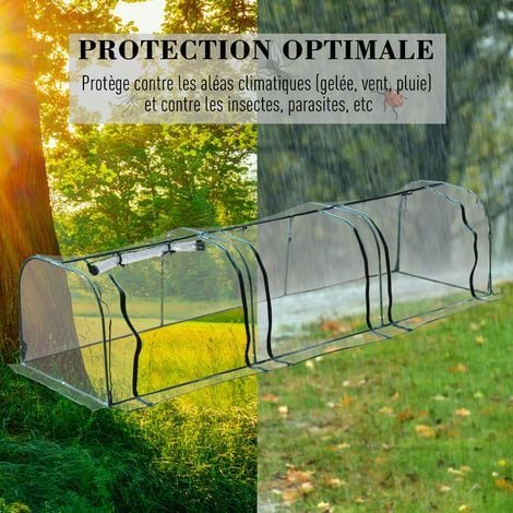 Serre de jardin tunnel 3,5L x 1l x 0,8H m 3 portes zippées bâche PVC transparent métal époxy vert