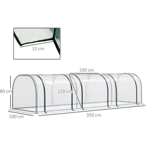 Serre de jardin tunnel 3,5L x 1l x 0,8H m 3 portes zippées bâche PVC transparent métal époxy vert