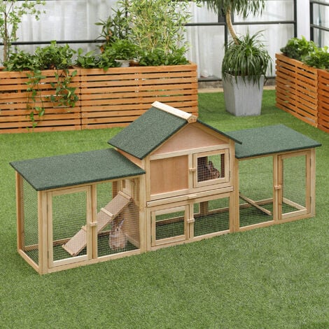 Clapier cage à lapins rongeurs XXL 2 étages toit bitumé intégral tiroir déjection 2,10L x 0,46l x 0,85H m bois massif pin pré-huilé