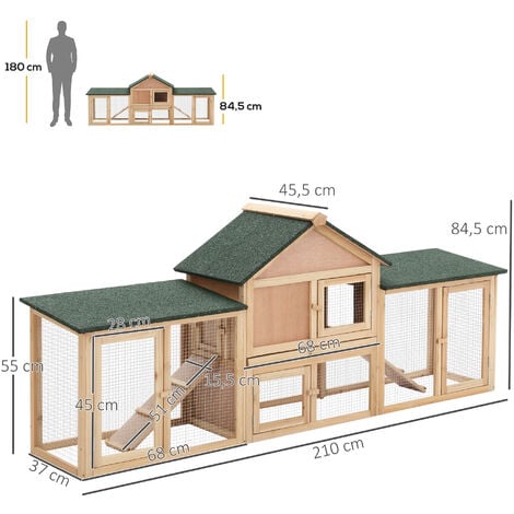 Clapier cage à lapins rongeurs XXL 2 étages toit bitumé intégral tiroir déjection 2,10L x 0,46l x 0,85H m bois massif pin pré-huilé