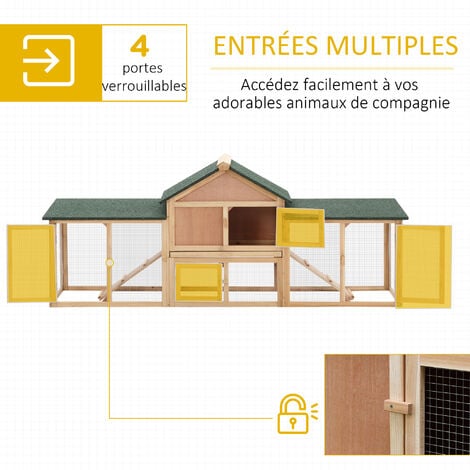Clapier cage à lapins rongeurs XXL 2 étages toit bitumé intégral tiroir déjection 2,10L x 0,46l x 0,85H m bois massif pin pré-huilé