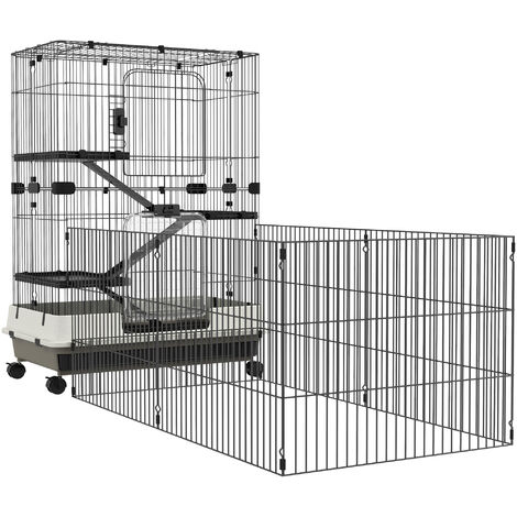 Cage pour petits animaux roulante 3 plates-formes démontables 3 rampes plateau inférieur amovible métal PP 182 x 81 x 114 cm noir