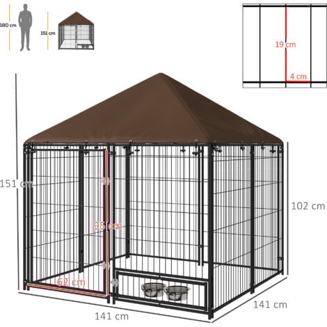 Chenil extérieur pour chiens en métal et tissu oxford avec support gamelle et toit résistant aux intempéries espace spacieux 141L x 141l x 151H cm noir