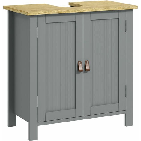 Meuble salle de bain sur pied - meuble sous-vasque - 2 portes, étagère - MDF panneaux aspect bois clair gris