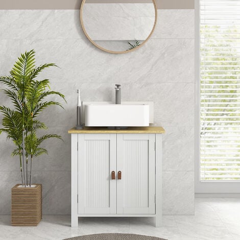 Meuble salle de bain sur pied - meuble sous-vasque - 2 portes, étagère - MDF panneaux aspect bois clair blanc