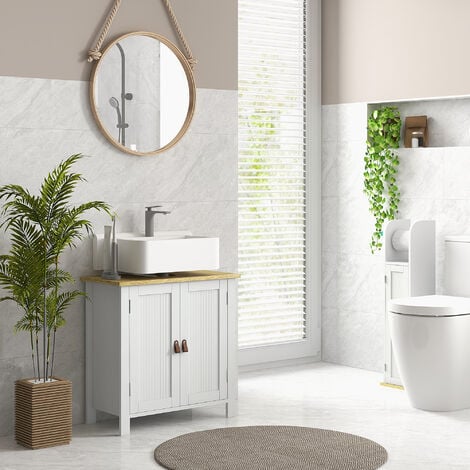 Meuble salle de bain sur pied - meuble sous-vasque - 2 portes, étagère - MDF panneaux aspect bois clair blanc