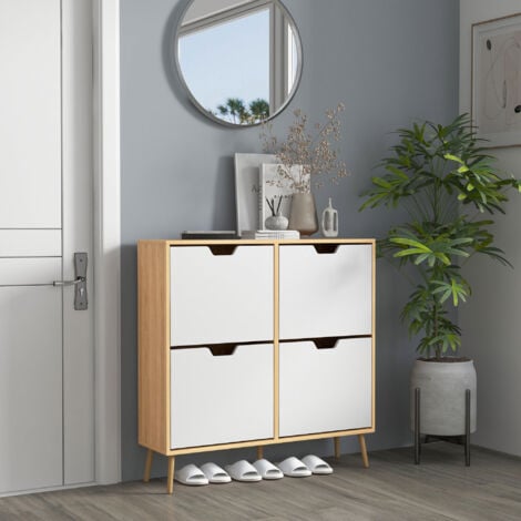 Meuble à chaussures design scandinave 4 portes abattantes 4 étagères réglables bois pin panneaux bois clair blanc