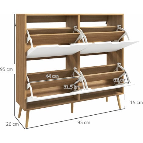 Meuble à chaussures design scandinave 4 portes abattantes 4 étagères réglables bois pin panneaux bois clair blanc