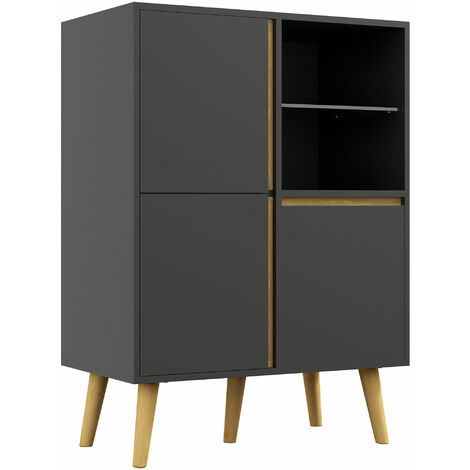 Meuble TV Hi-fi sur pied design scandinave 3 portes 3 étagères 2 niches verre trempé bois gris (1/5)