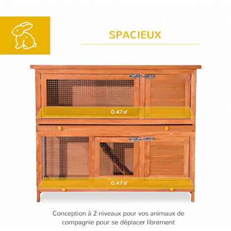 Cage a lapin poulailler clapier en bois de pin de grande taille avec 2 etages 120x48x100 cm