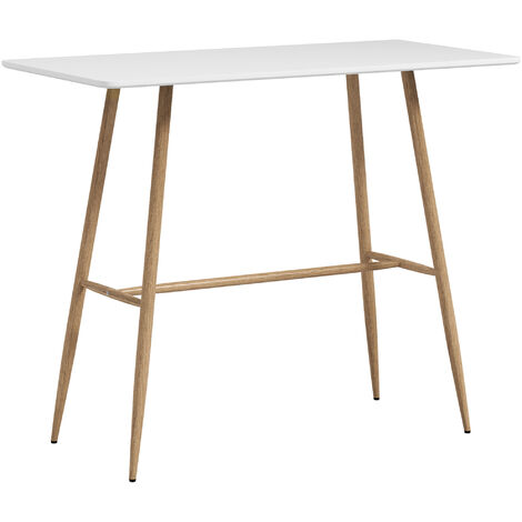 Homcom – Table de bar rectangulaire 120L x 60l x 98H cm – Châssis acier aspect bois – Plateau MDF blanc – Pour espaces réduits (1/5)