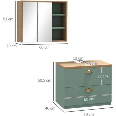 Ensemble 2 meubles salle de bain - meuble sous-vasque suspendu, armoire murale miroir - aspect bois clair vert