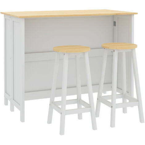 Homcom – Îlot central de cuisine avec 2 tabourets – 4 portes, 2 étagères – Plateau rabattable MDF blanc chêne clair – Dimensions 110L x 60P x 90H cm