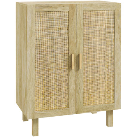 Homcom – Buffet 2 portes 2 étagères réglables en rotin cannage – Panneaux bois clair – Dimensions 73L x 41l x 102H cm – Charge max 20 kg