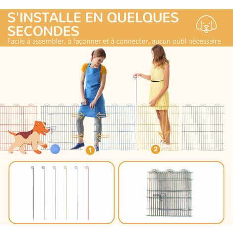 PawHut Parc Enclos Pliant pour Chiens Chiots Animaux Domestiques Modulable  6 Pièces Grillage en Métal avec Porte Pare-Soleil Ø 120 x 60 cm 