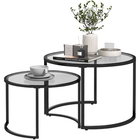 Lot de 2 tables basses gigognes rondes style contemporain - acier noir verre trempé 5 mm