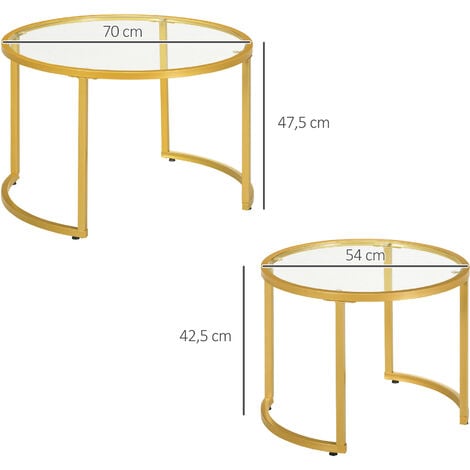 Lot de 2 tables basses gigognes rondes style art déco - acier doré verre trempé 5 mm