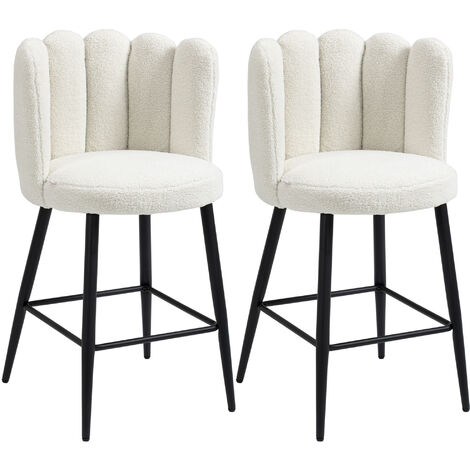 Homcom – Tabourets de bar lot de 2 65 cm assise en tissu effet laine bouclée – Dossier floral – Structure en acier crème (1/5)