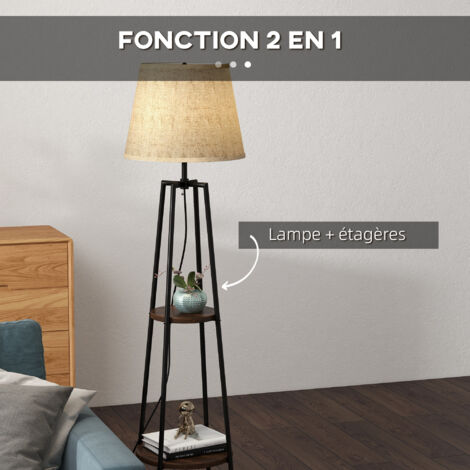 Lampadaire Bassagoda, Lampadaire En Bois/tissu Naturel/noir/blanc, Lampe Au Design Scandinave Avec Abat-jour Rond ( 40 Cm), Tablettes Et Interrupteur Au Pied, Hauteur 151 Cm, 1x E27, Sans Ampoule