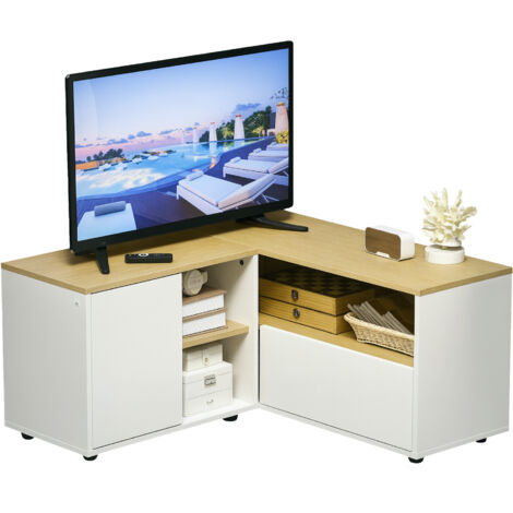 Homcom – Meuble TV d'angle en L 90x90x45 cm – 2 portes et 3 niches – Panneaux aspect bois chêne clair et blanc – Pour téléviseurs jusqu'à 40 pouces (1/5)