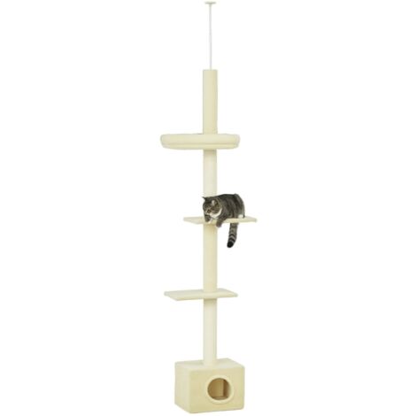 Pawhut – Arbre à chat hauteur réglable 230-260 cm – 3 plateformes – Niche en peluche courte beige – Panneau de particules et sisal naturel (1/5)