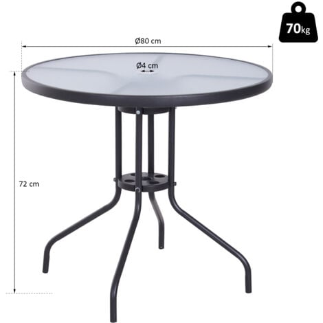 Table ronde bistro de jardin dim. Ø 80 x 72H cm espace installation parasol acier époxy noir plateau verre trempé
