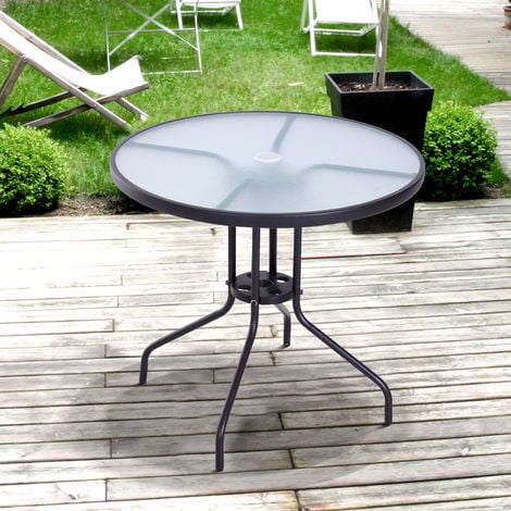 Table ronde bistro de jardin dim. Ø 80 x 72H cm espace installation parasol acier époxy noir plateau verre trempé