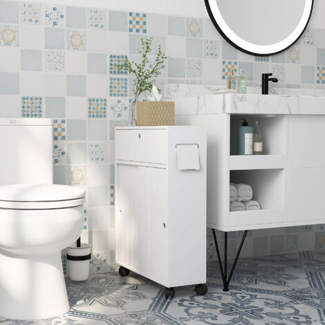 Kleankin – Meuble de rangement salle de bain sur roulettes – Compartiments pour papier toilette – Dimensions 52 x 17 x 67 cm – MDF blanc