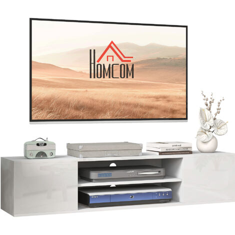 Homcom – Meuble TV mural blanc laqué – Banc TV flottant 140L x 30P x 30H cm – 2 portes, 2 niches avec passe câbles – Charge max. 30 kg (1/5)