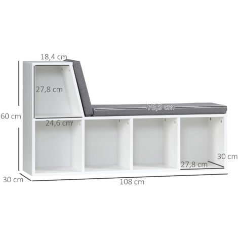 Bibliothèque banc 2 en 1 design contemporain 5 casiers 2 coussins fournis 108L x 30l x 60H cm blanc gris chiné