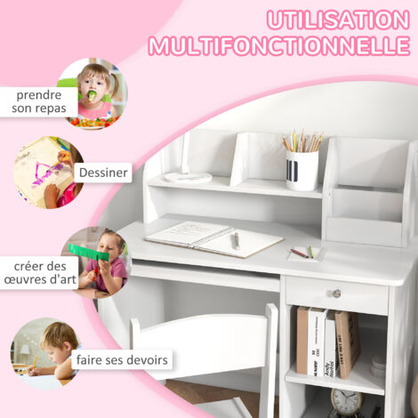 Bureau Enfant Relaxdays 60x80x38 Cm - 2 Tiroirs, Blanc-Gris, Pour 4-9 Ans