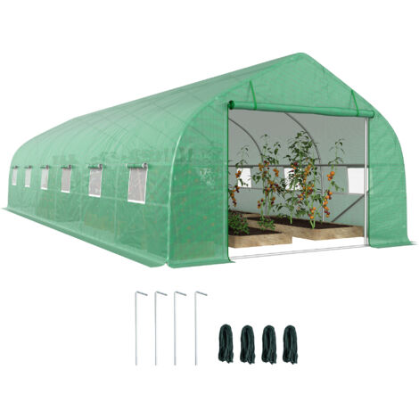 Outsunny – Serre tunnel 24 m² – Châssis tubulaire acier galvanisé 2,5 cm – 12 fenêtres avec moustiquaires – 1 porte zippée verte